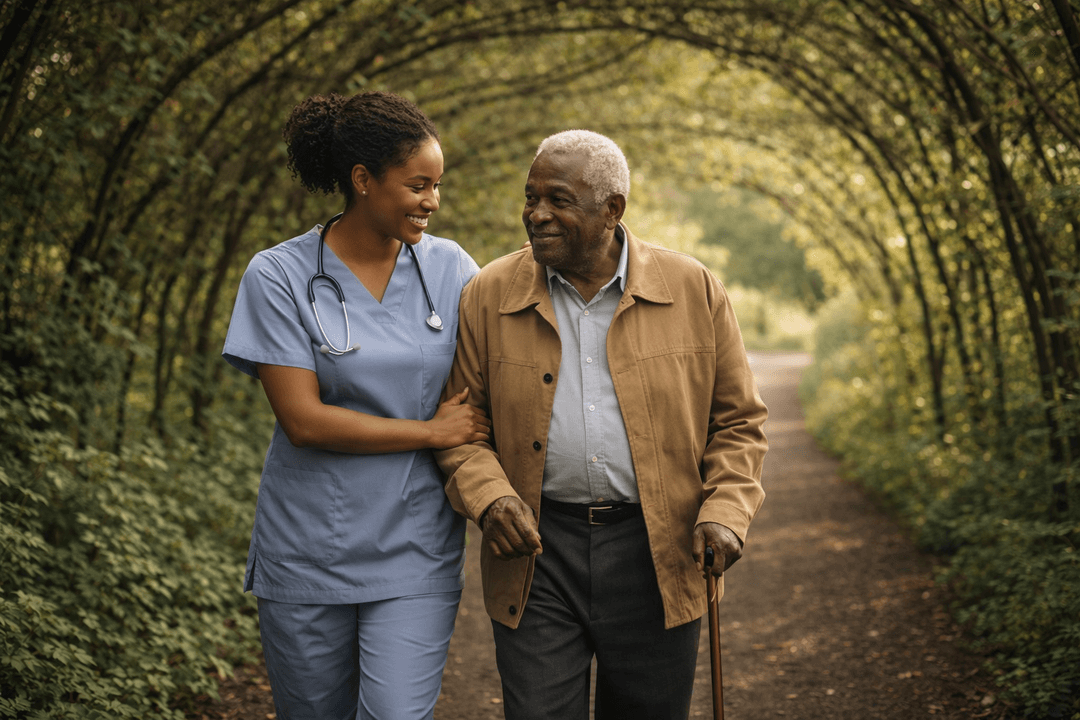 Carer supporting an elderly woman in a living room