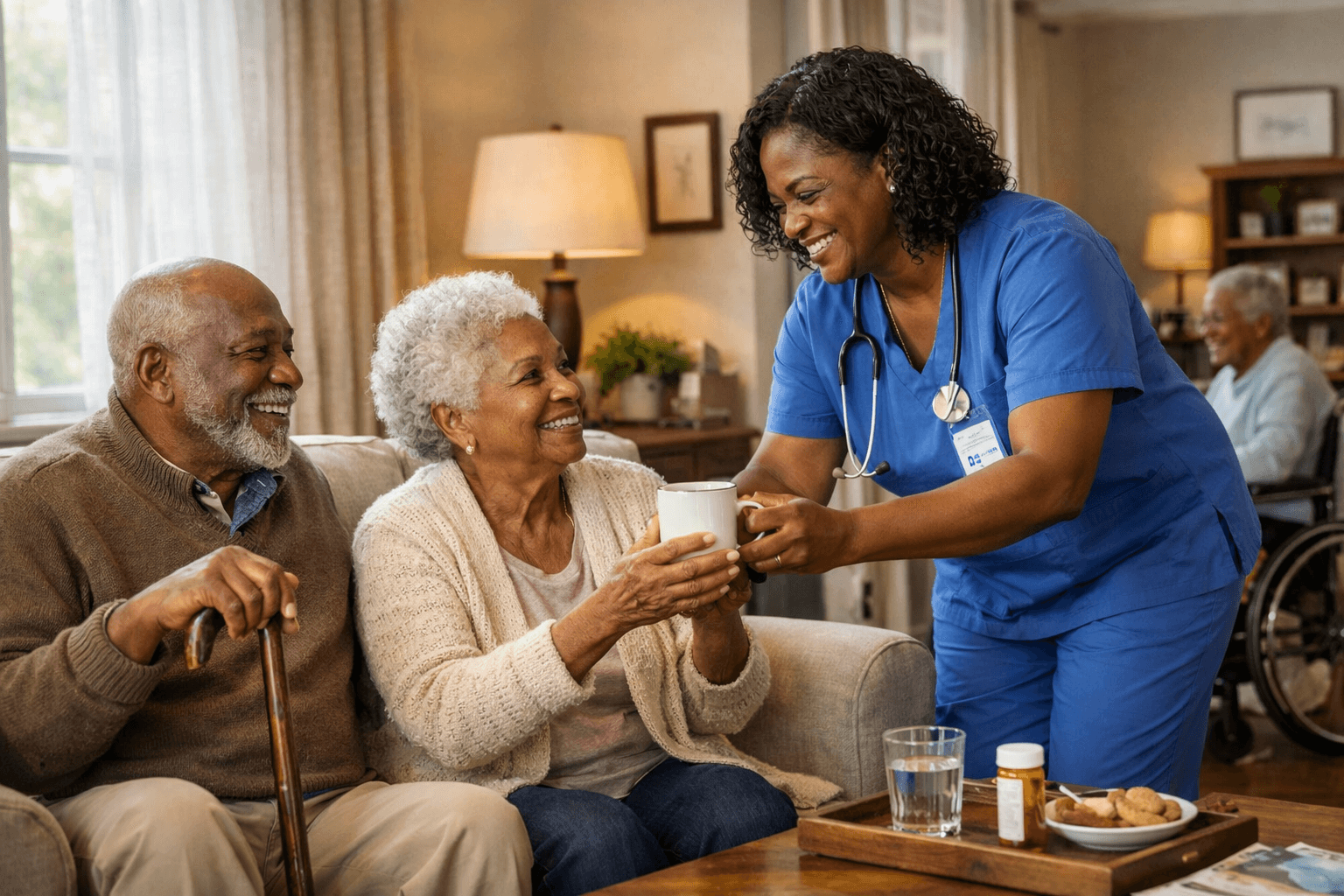 Older woman with family member smiling