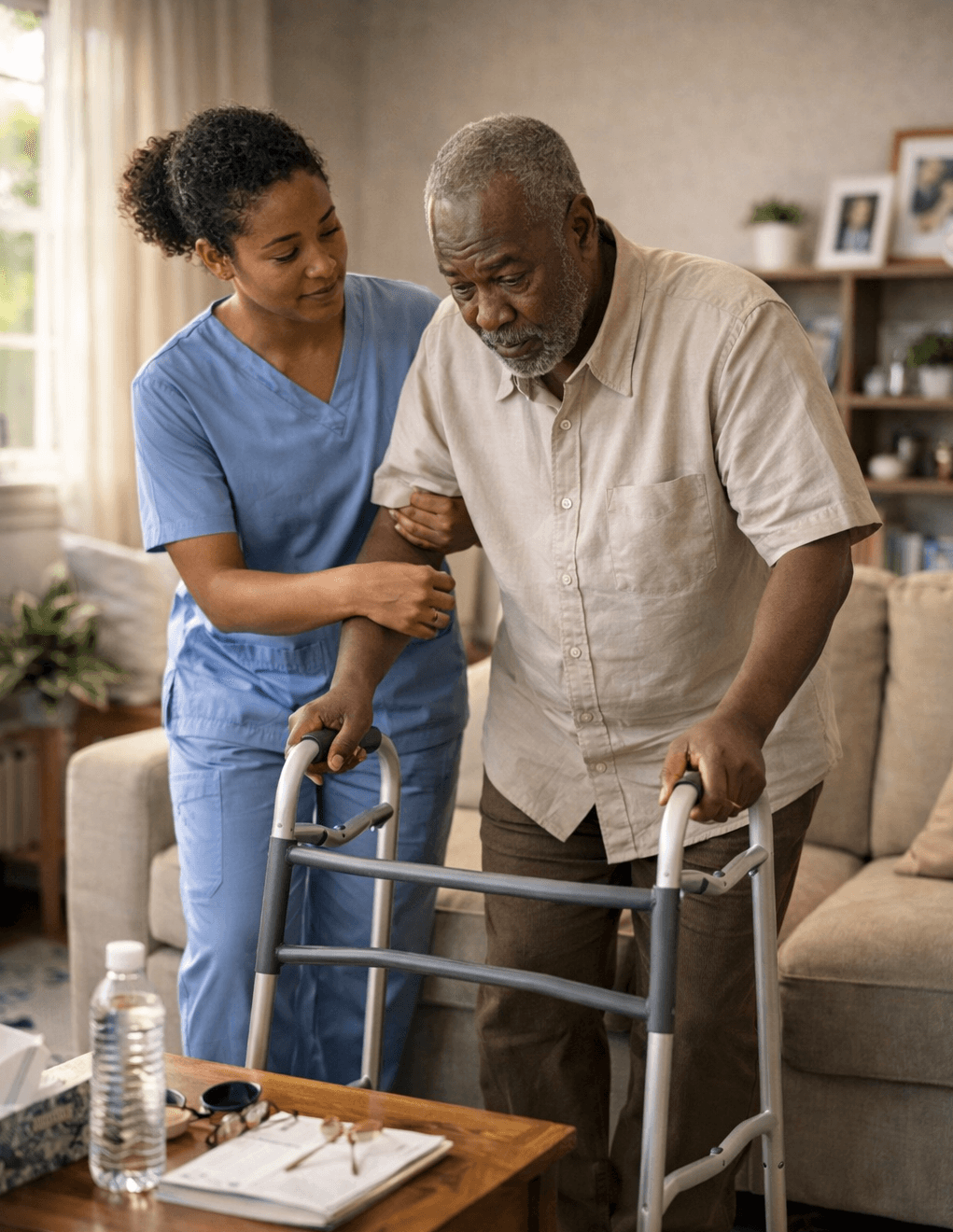 Caregiver assisting elderly person in community setting