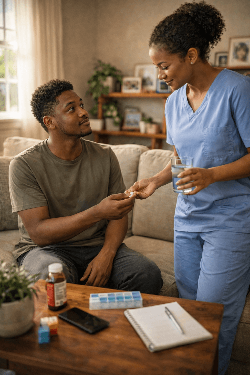 Nurse helping a senior walk with support frame